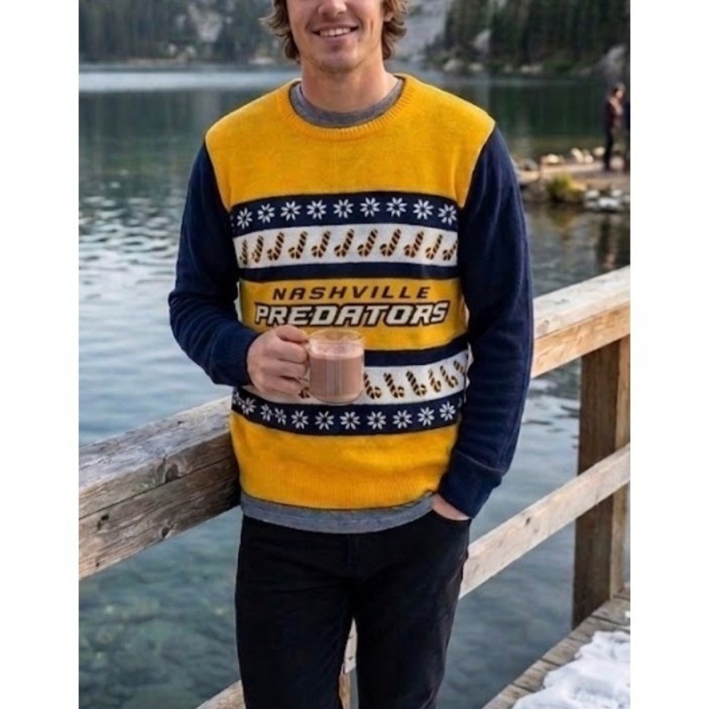NHL Nashville Predators Ugly Christmas Sweater Mens XXL Yellow Navy Blue Holiday